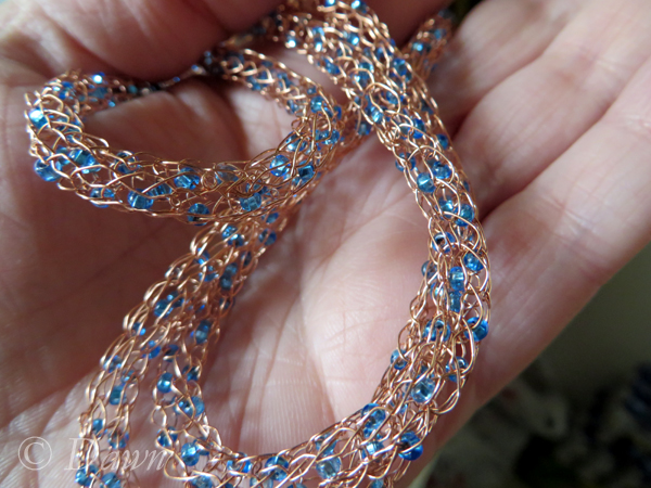 Beaded blue and copper trichinopoly (Viking Knit) chain, after going through my draw plate