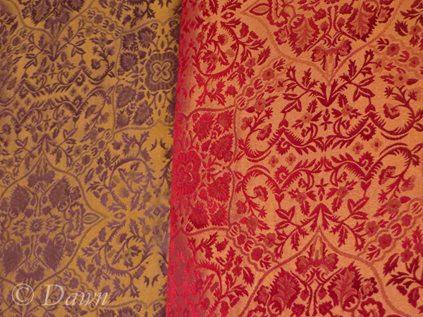 Two colourways of silk damask from Renaissance Fabrics