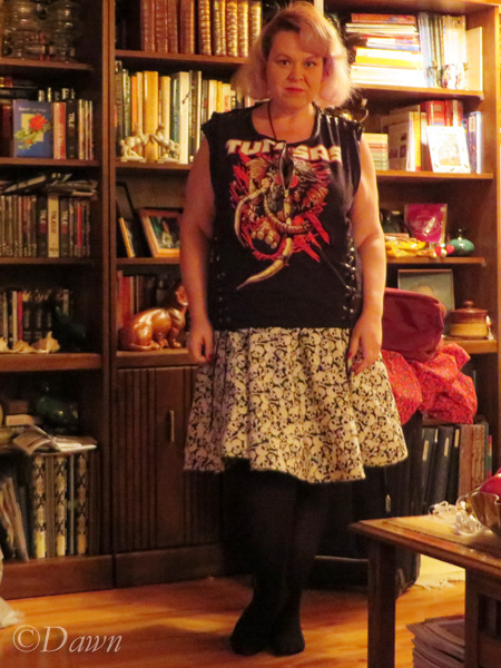 Skull-print circle skirt (with an altered Turisas band shirt) 
