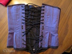 Back-laced corset in purple hand-dyed dupioni silk