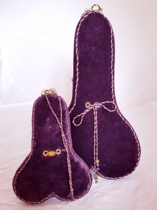 Large and small "Lute" shaped purple velvet purses (back)