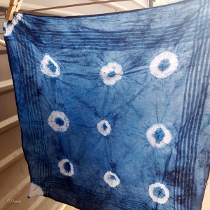My finished cotton hankie from the indigo dyeing class at Harvest Feast 2017