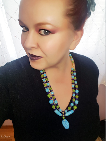 Selfie wearing a hand-made necklace of hand-made Egyptian Faience beads