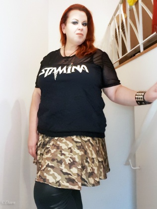 Camo-print circle skater skirt (worn with a modified Stam1na band t-shirt)